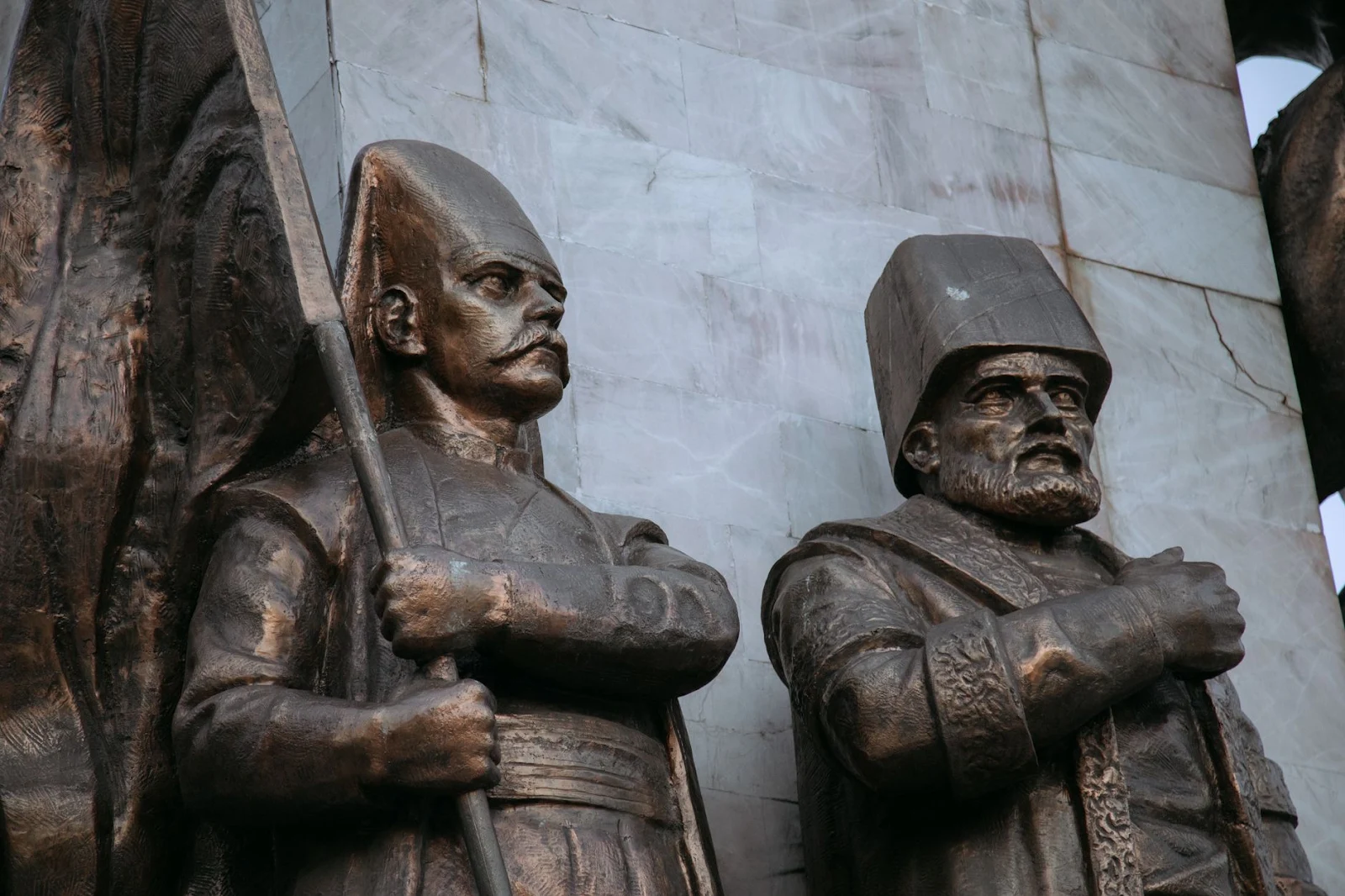 Close-up of bronze Ottoman soldier statues in Istanbul, Turkey.