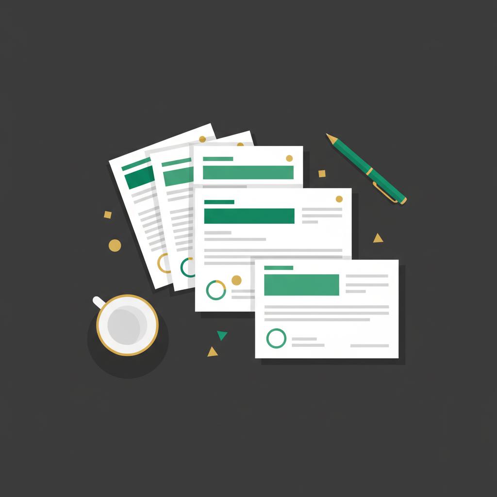 Minimalist overhead vector illustration of stock certificates and ETF fact sheets on dark table with green accent pen and small coffee cup ideal for how to buy stocks for beginners