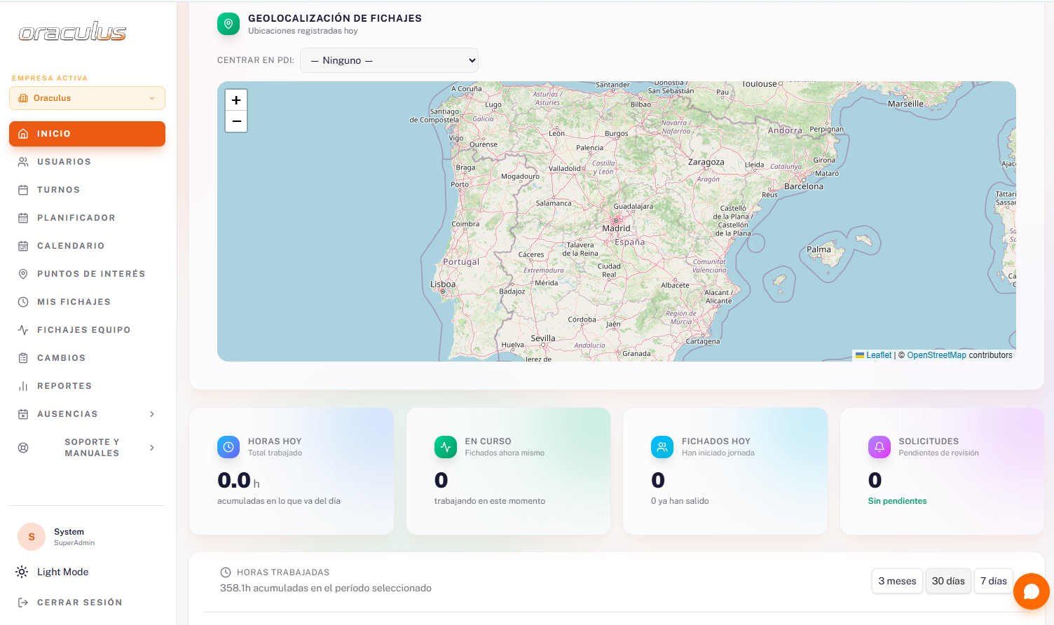 Panel de control horario y ubicación del equipo en Oraculus