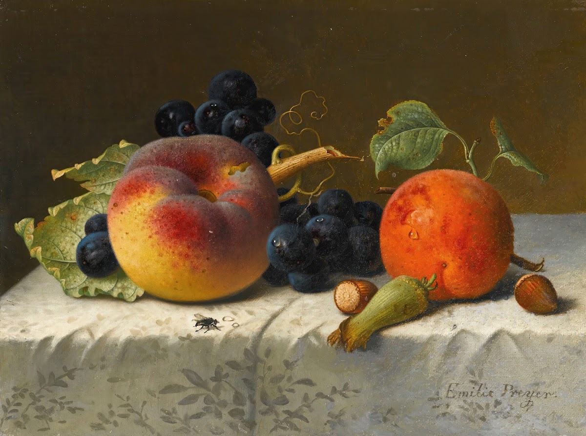 Still life with peach apricot grapes and hazelnuts on a tablecloth 1907
