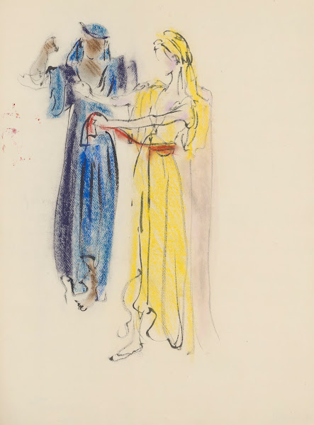 Sodome et Gomorrhe  maquette de costume  deux femmes tunique jaune tunique bleue