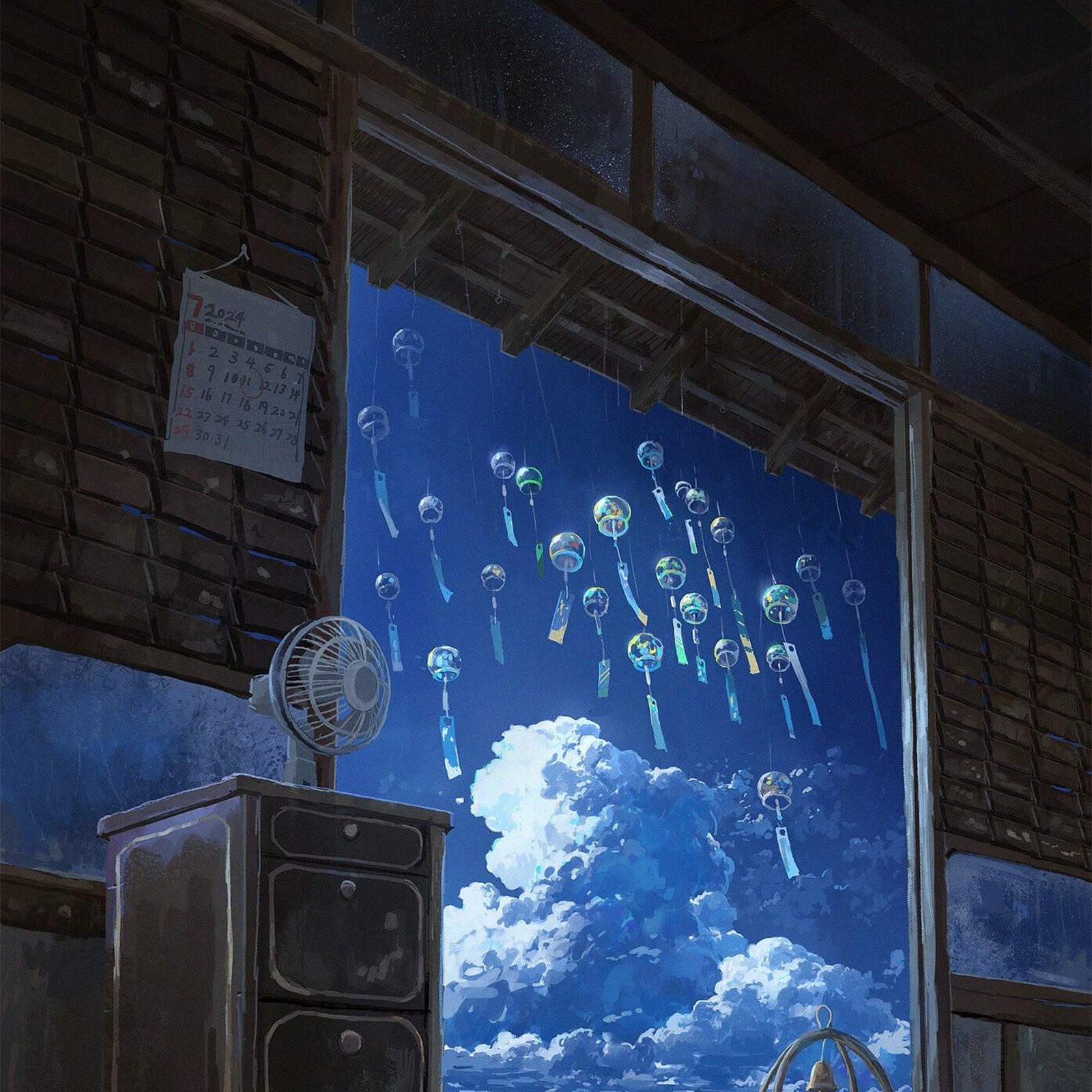 Download Anime Scenery, Wind Chimes, Night Sky, Room View Full HD iPhone