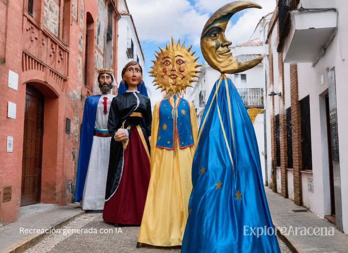 Sun- and moon-headed Cabezudos beside two tall, elaborately dressed Gigantes during the Feria de Aracena procession