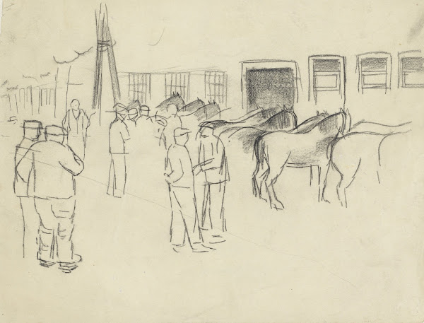 Paardenmarkt met diverse figuren 1913 1945