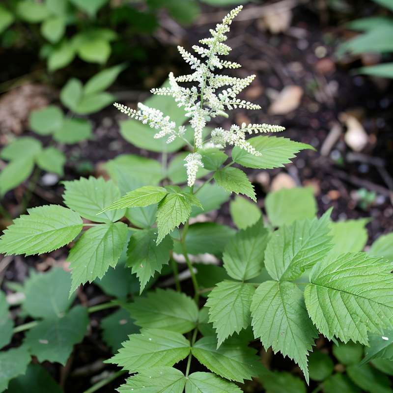 Aruncus aethusifolius 'Misty Lace' in piena fioritura, design da giardino ombreggiato