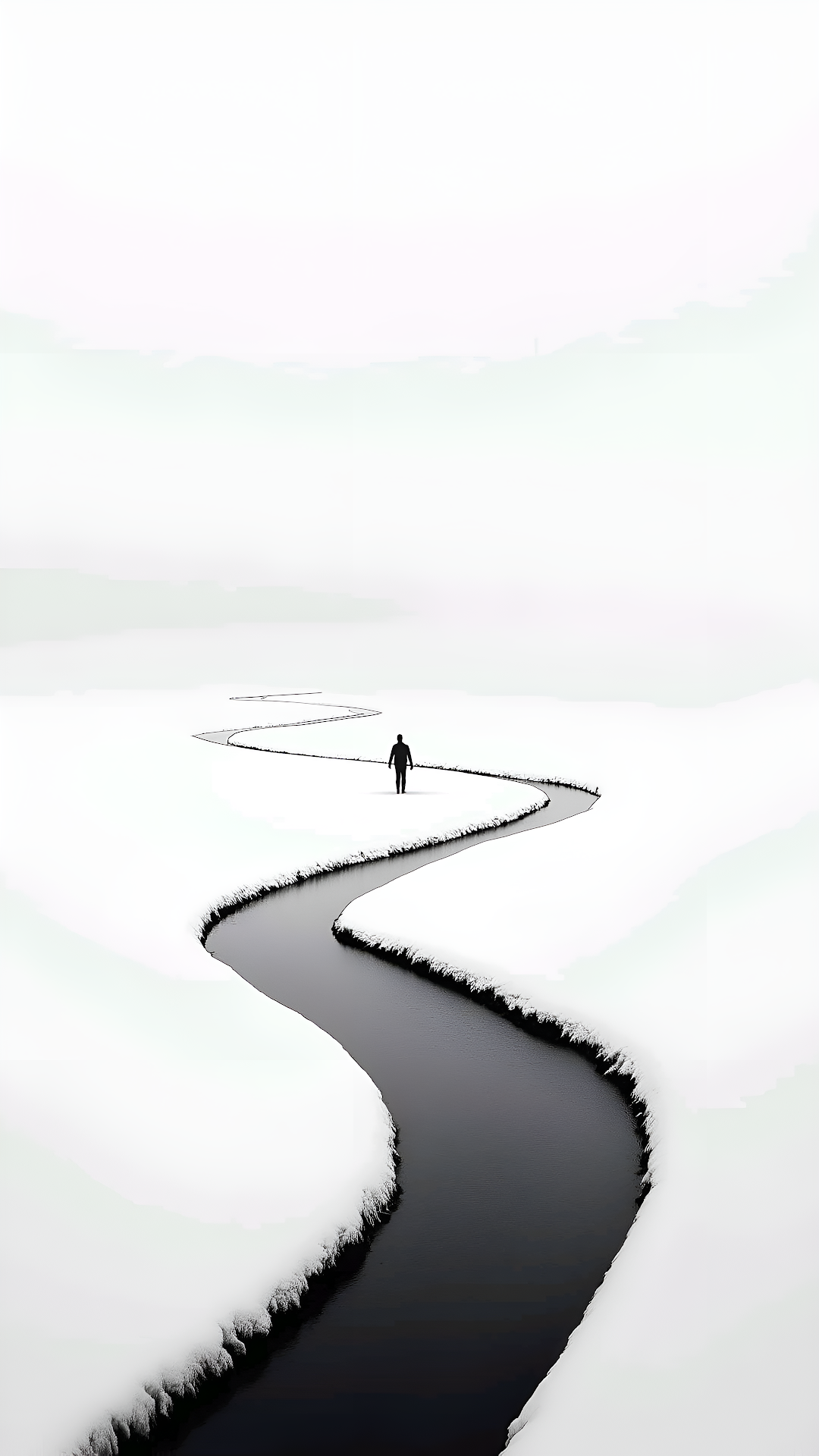 Minimalist Winter River Path, Solitary Figure - Free 4K mobile Wallpaper