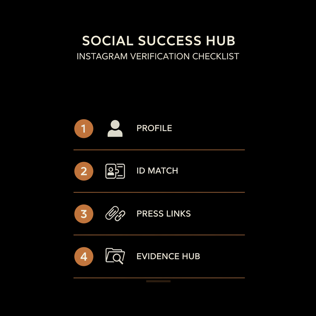 Minimal 4-step infographic checklist for Instagram verification: profile, ID match, press links, evidence hub — how long to get verified on Instagram