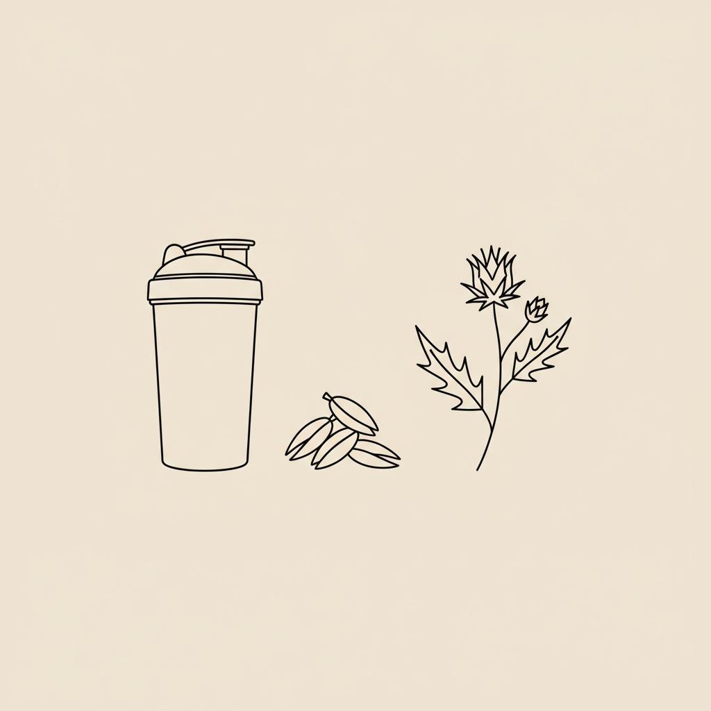 Minimalist Tonum-style line illustration of a protein shaker, a small stack of oats and a milk thistle sprig on beige background - meal replacement vs protein shake