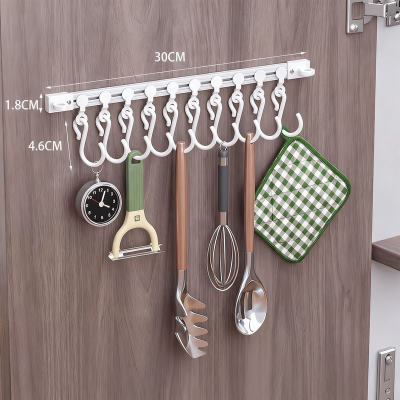 Rail system with hooks for cabinet doors