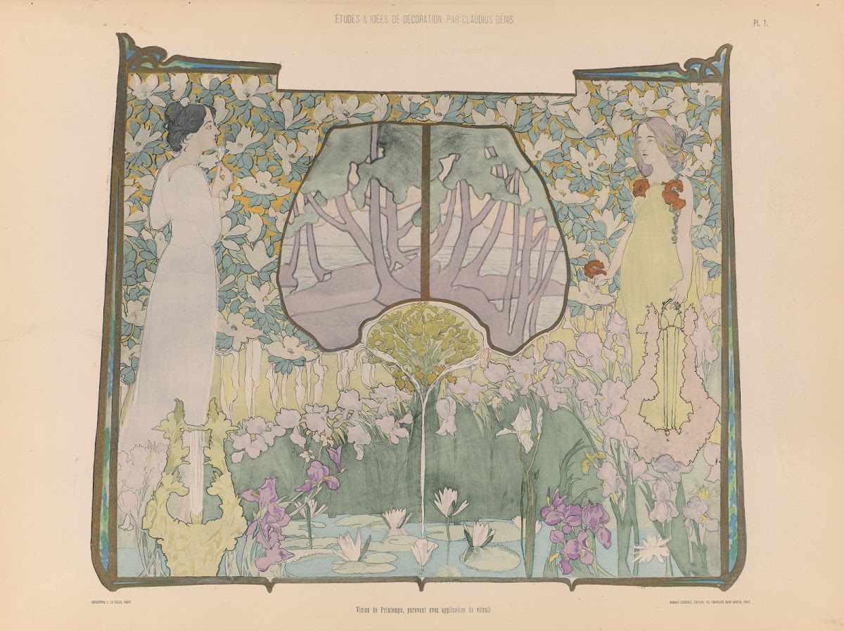 Vision de Printemps paravent avec application de vitrail 1920