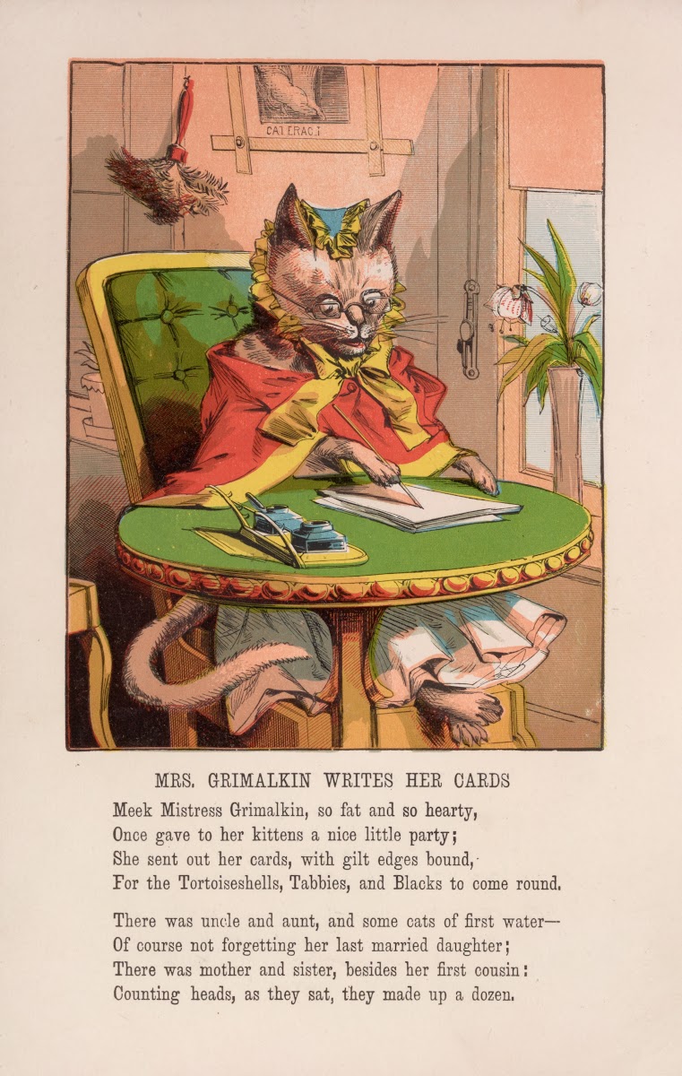 Mrs Grimalkin writes her cards 1871