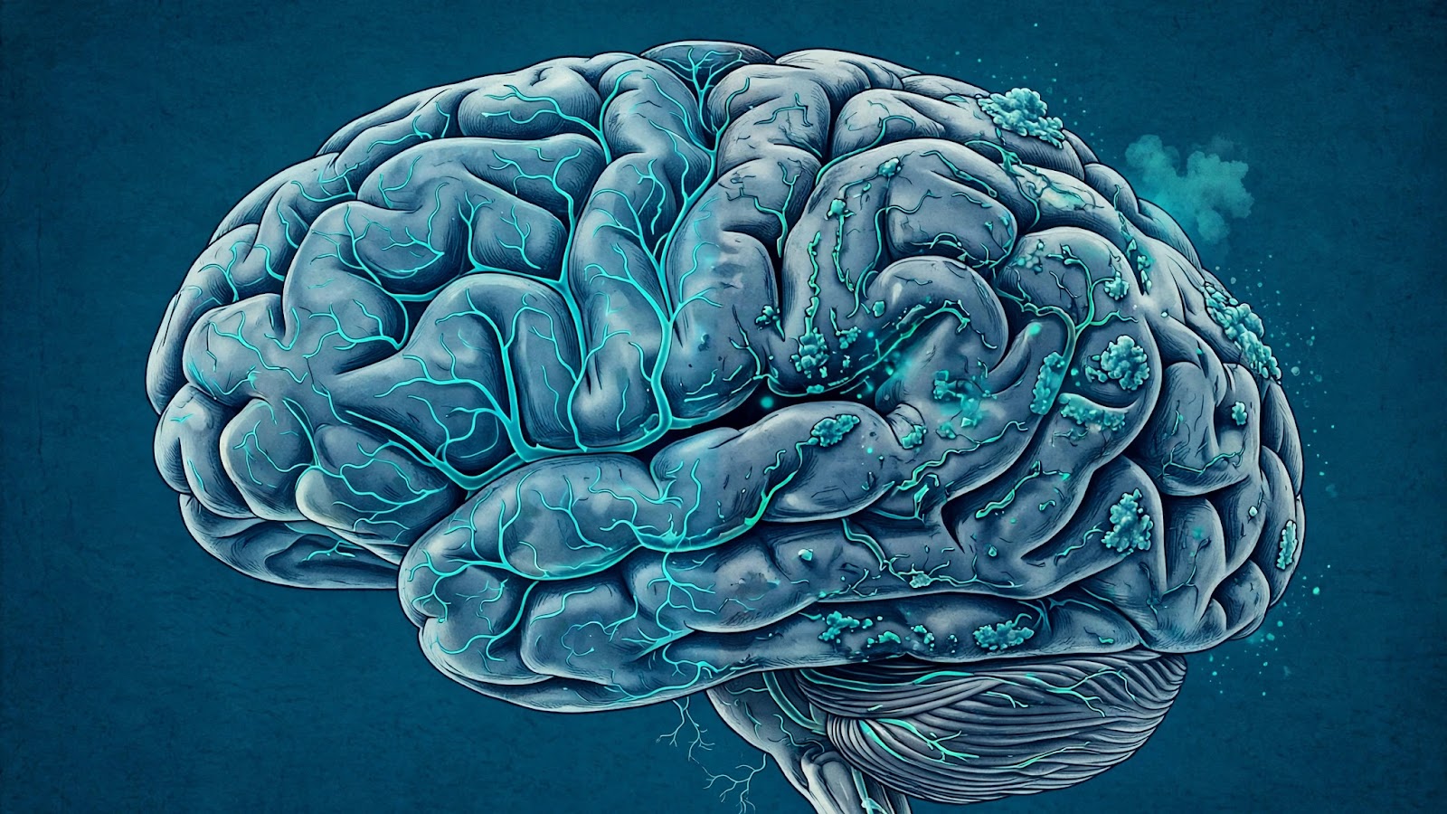 Illustration of a human brain with glowing blood vessels, showing how the APOE4 gene damages brain vasculature in Alzheimer's disease