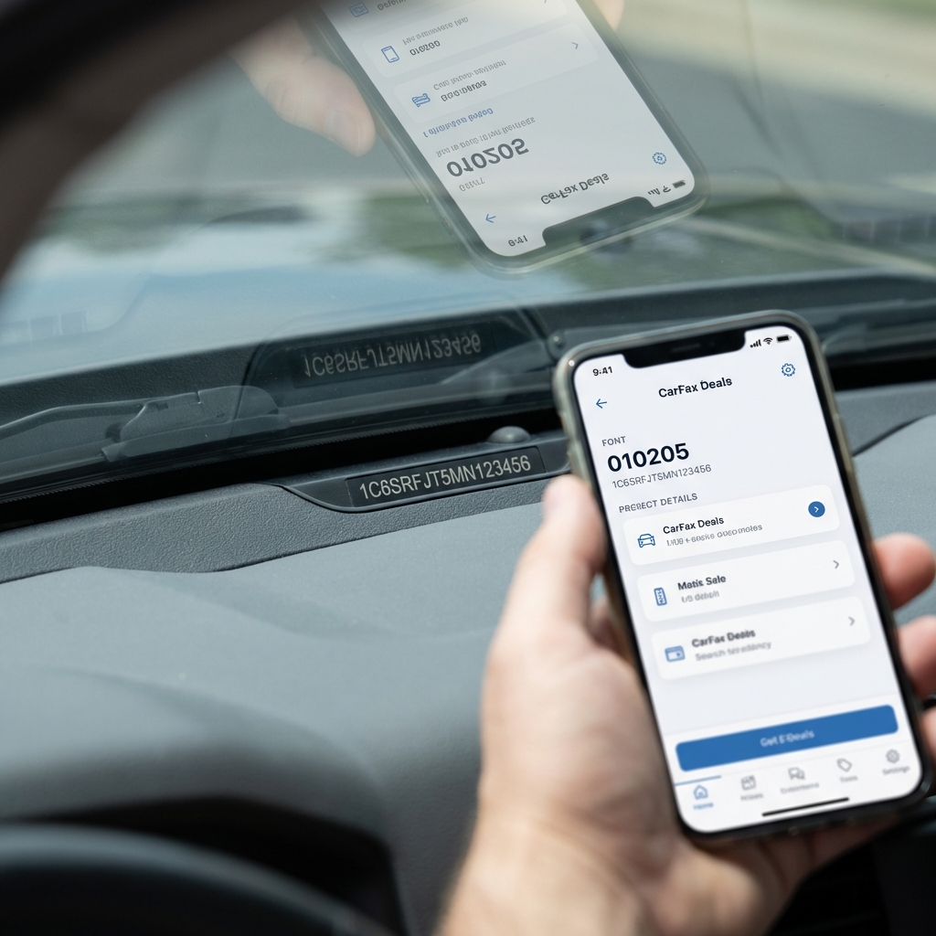 Close up of VIN plate on Dodge Ram 1500 with a hand holding a smartphone showing a CarFax Deals vehicle history report white background minimalist composition dodge ram 1500 for sale