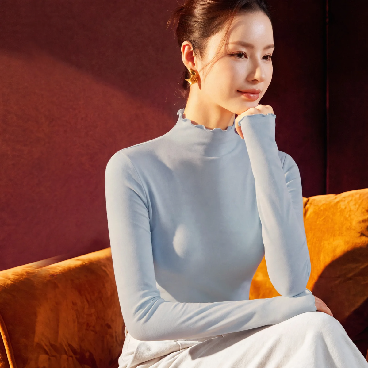 Women's Underlayer Shirt with Stand-Up Collar and Ruffled Edge