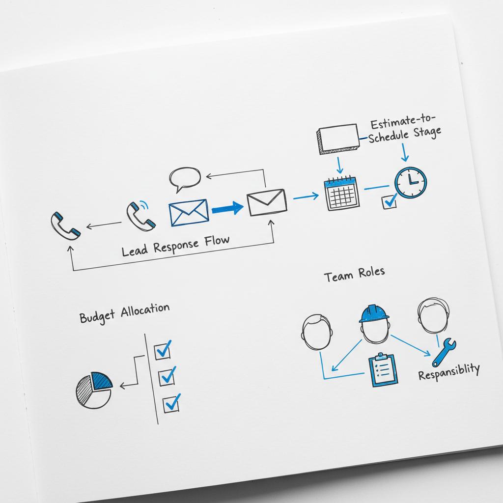 Minimalist notebook sketch of lead response flow and estimate-to-schedule diagrams with arrows, checkboxes and a calendar in Agency Visible colors &mdash; how to increase roofing sales
