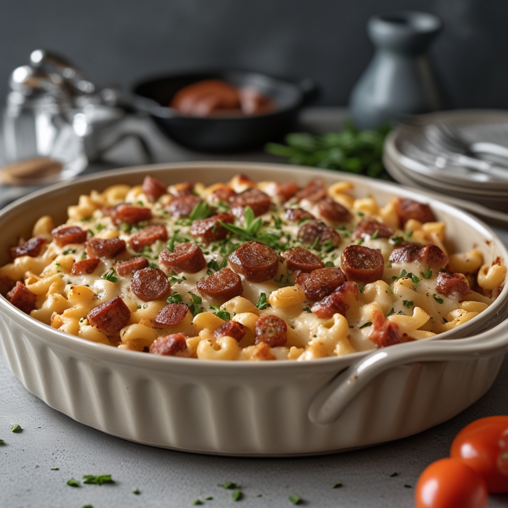 Spicy Chorizo & Roasted Garlic Mac and Cheese Bake with Crispy Breadcrumb Topping