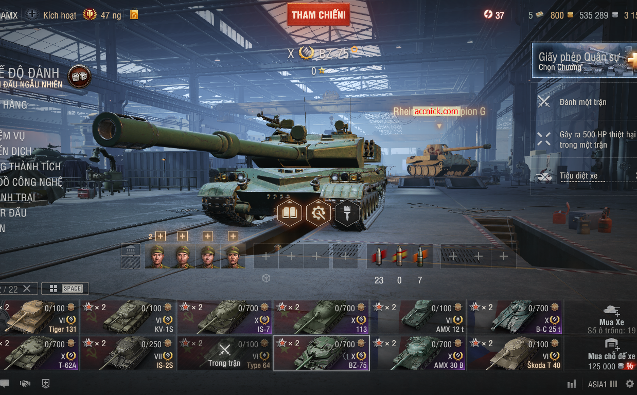 Acc WoT sẵn 6 xe X (T62A, IS-7, BZ-75, 113, BC 25T, AMX 30B)...
