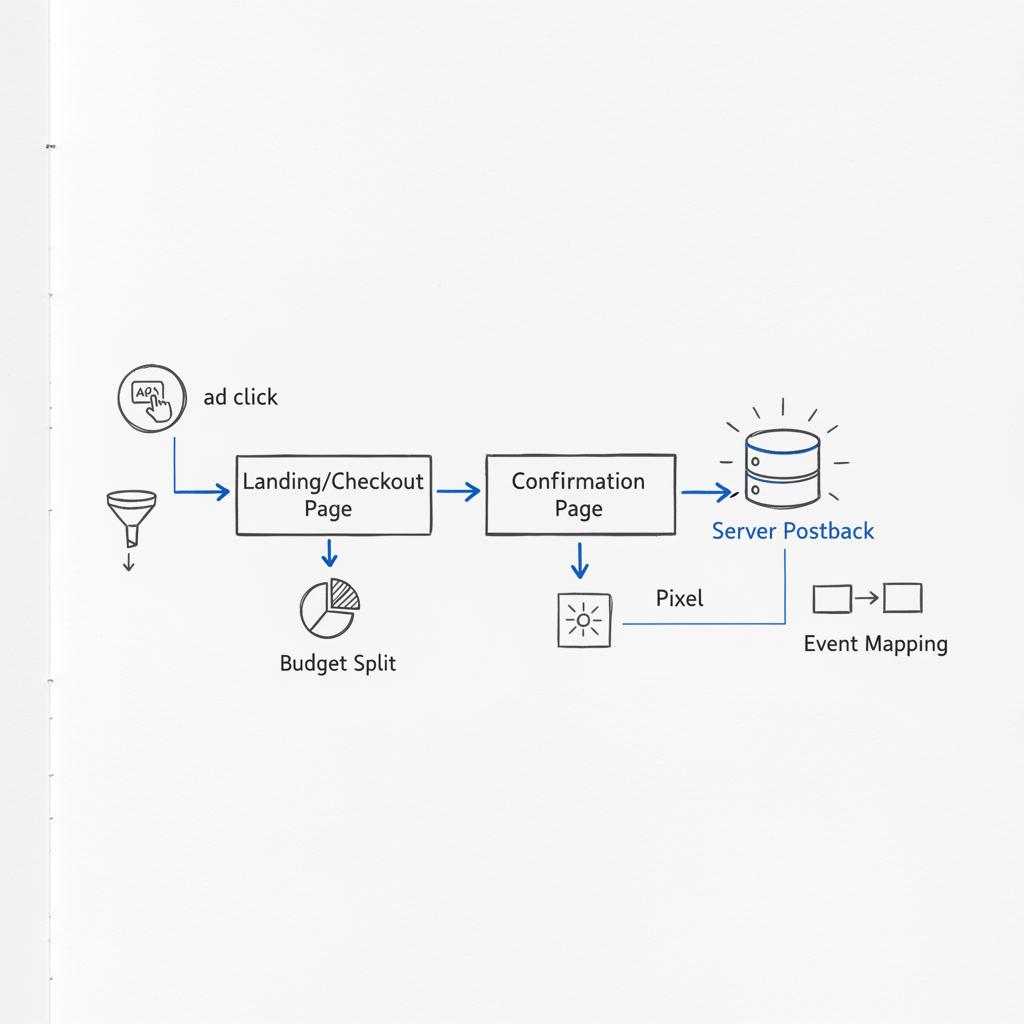 Close-up sketch of a web checkout flow from ad click to confirmation to server postback with pixel and server icons in a minimalist notebook style &mdash; CPA in Meta ads