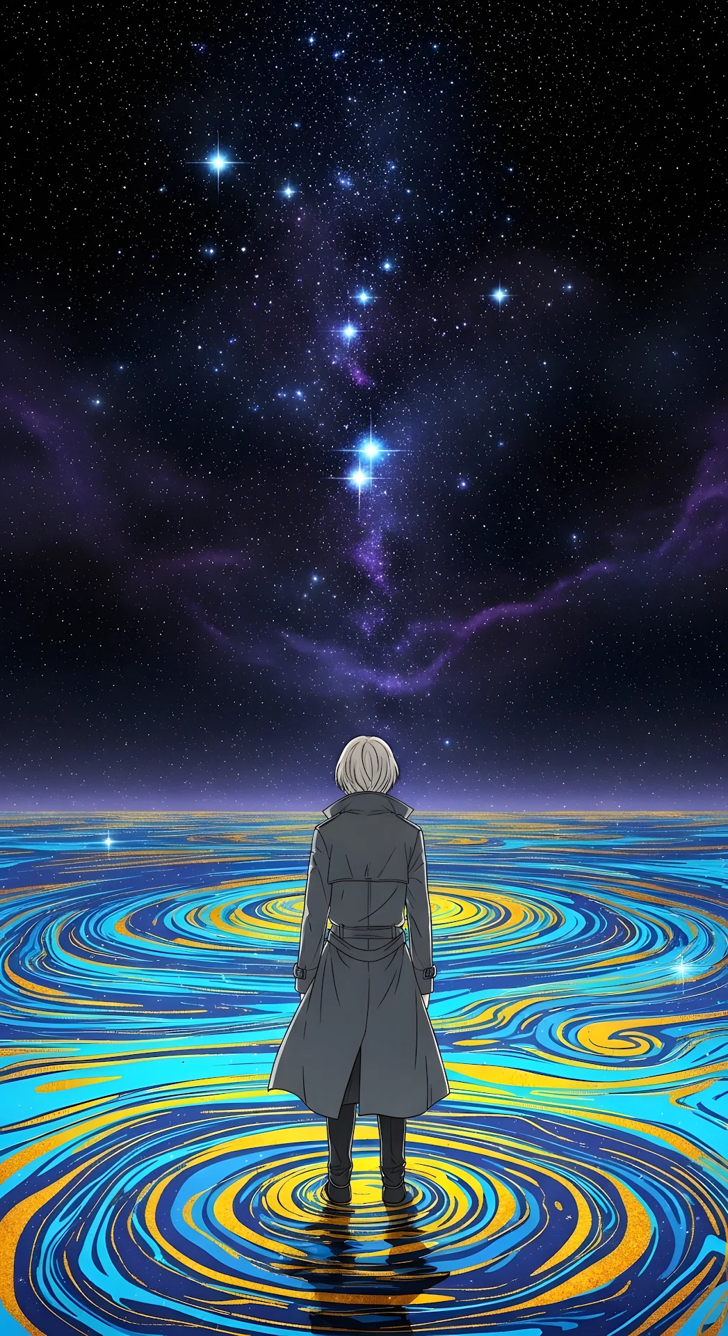 Stargazer on Swirling Cosmic Ocean Surface - Free 4K mobile Wallpaper