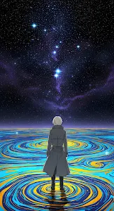 Stargazer on Swirling Cosmic Ocean Surface