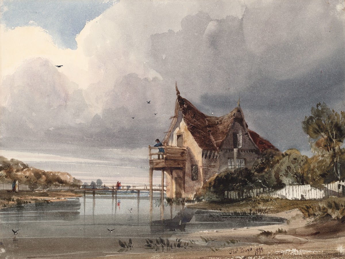 A River and Cottage with White Paling 1833