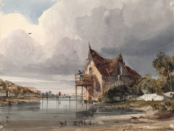 A River and Cottage with White Paling 1833