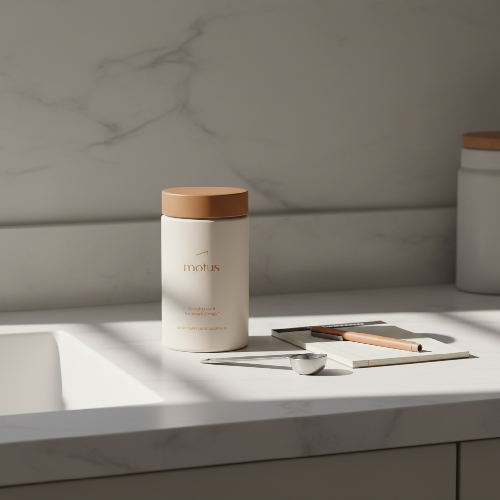 Minimalist kitchen counter with Tonum Motus supplement jar beside a notepad and measuring spoon, suggesting a weight-loss routine and dietitian cost considerations.
