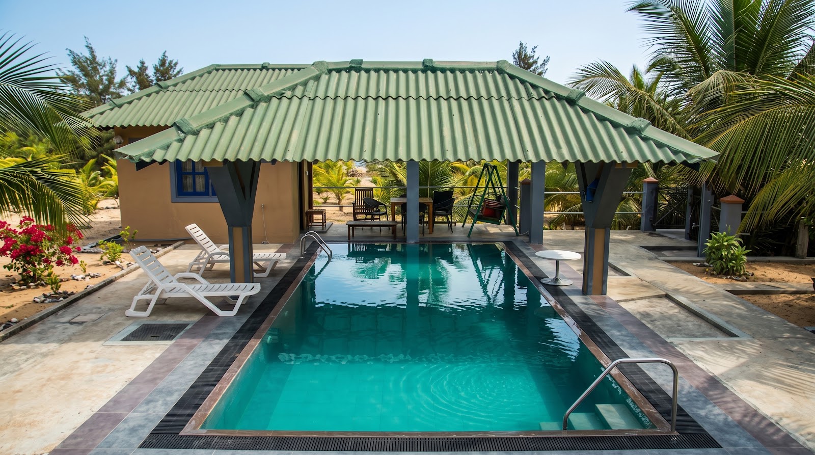 Sun Deck with Reclining Loungers and Palms