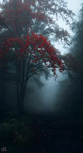 Eerie Foggy Forest Path with Red Rowan Berries