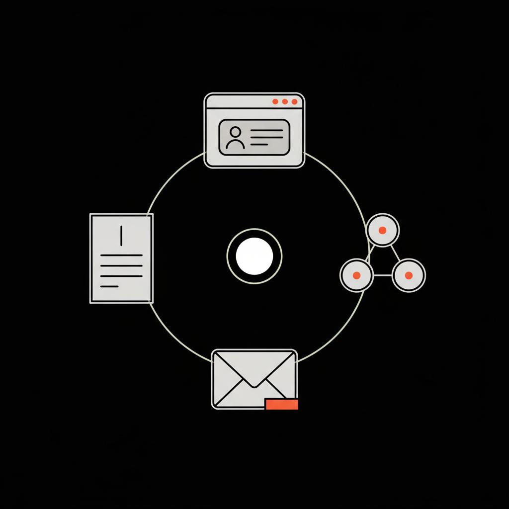 Minimal flat vector infographic showing a circular layout of four icons — browser contact page, social network nodes, alternate email envelope, and newsletter — in Social Success Hub brand colors on a black background, illustrating multi-channel resilience for regain access Yahoo email.