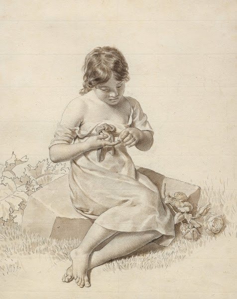 En lille pige der har stukket sin finger på en rosentorn 1812