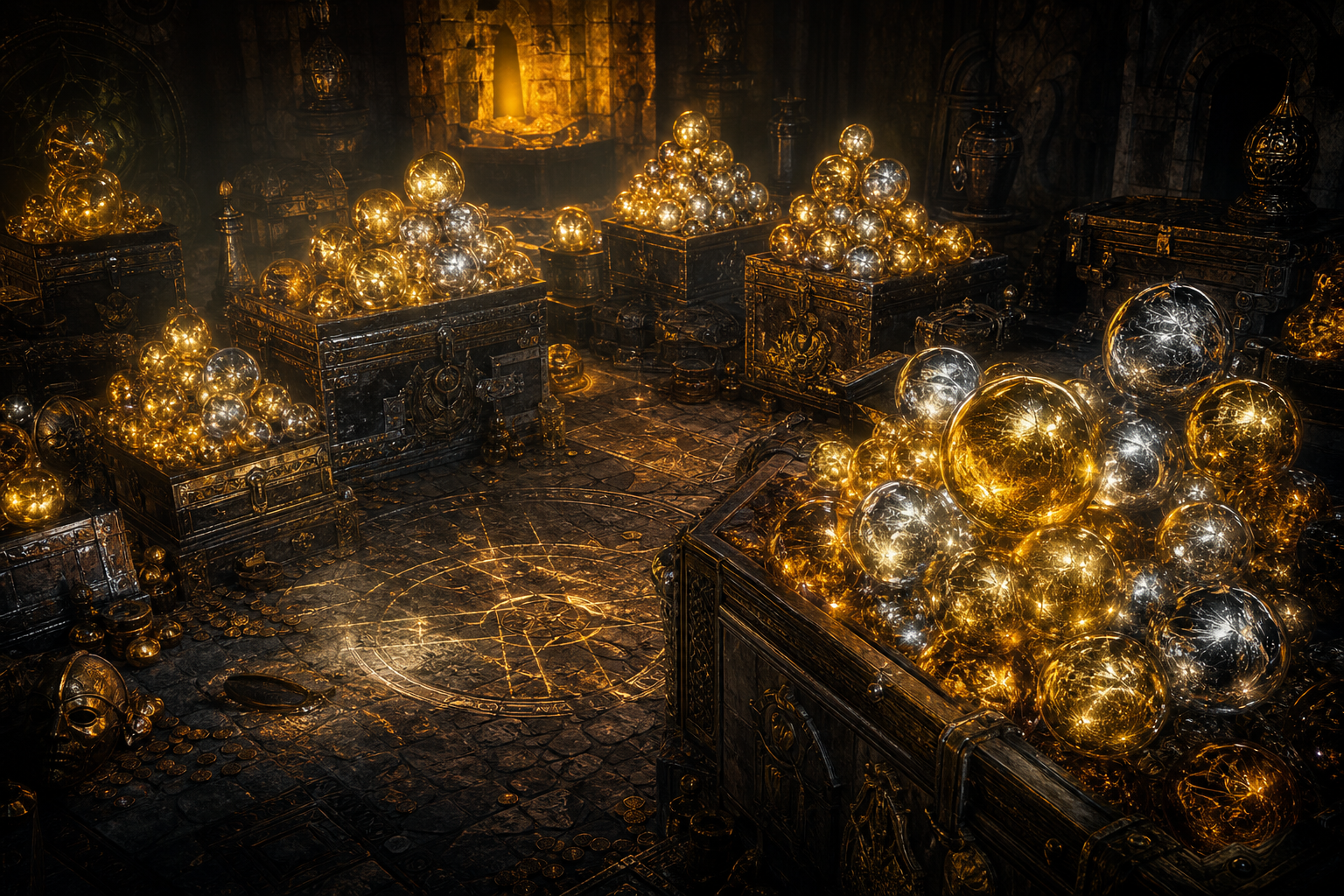 PoE2 divine and exalted orbs stacked in a treasure stash