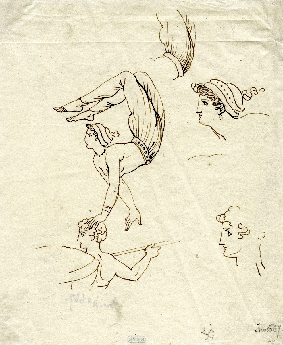 Female acrobate balancing on the head of a warrior after a Greek vase