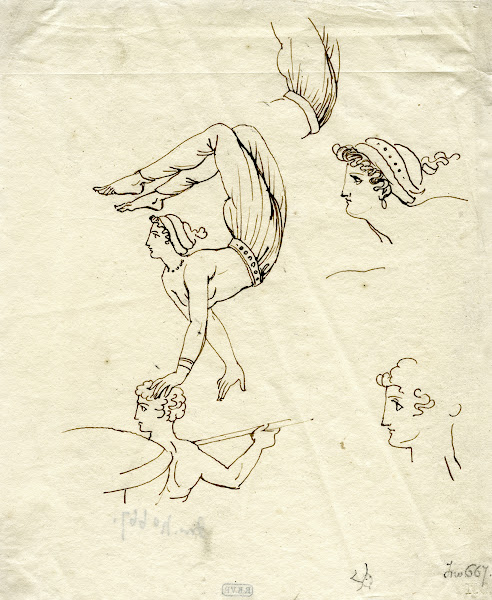 Female acrobate balancing on the head of a warrior after a Greek vase