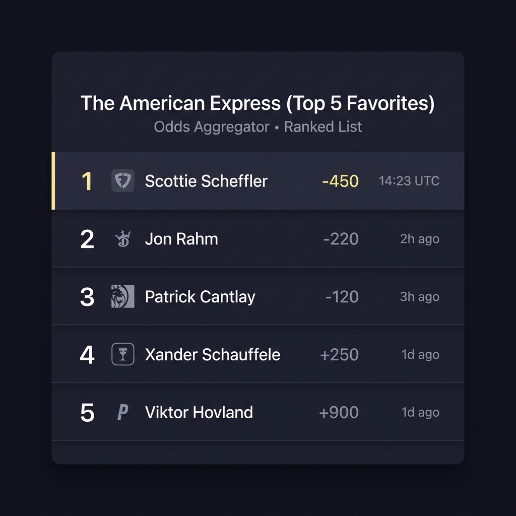 Screenshot style odds aggregator showing top five favorites for The American Express with timestamps and american express odds in a clean dark Funded Plays aesthetic