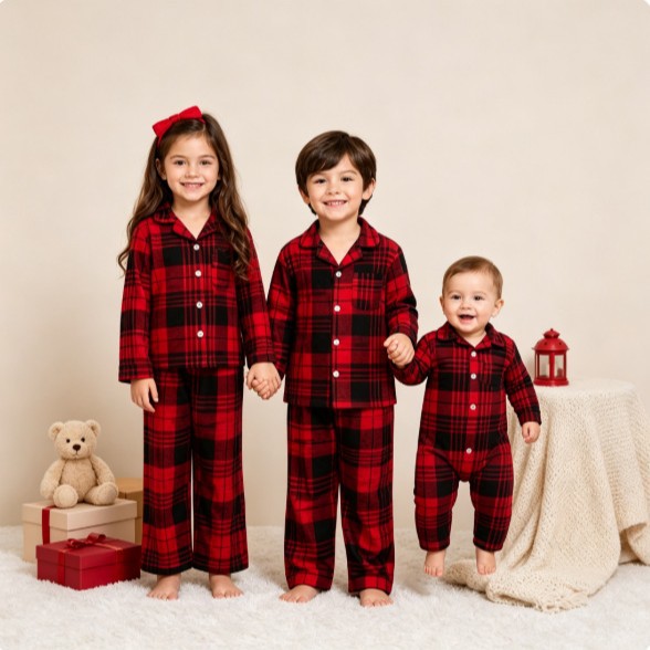 Luxurious Family Pajamas Set with Check Pattern