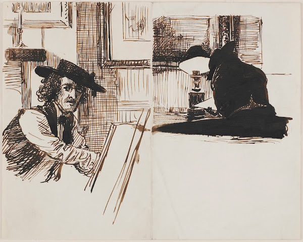 Whistler drawing Poynter back view of a man seated at a table near a lighted lam