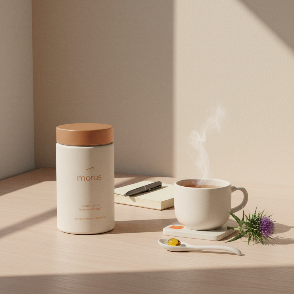 Minimalist tabletop photo of Tonum Nouro jar beside notebook, pen, cup of tea, milk thistle sprig and a fish oil capsule on a ceramic spoon — best supplement to increase memory