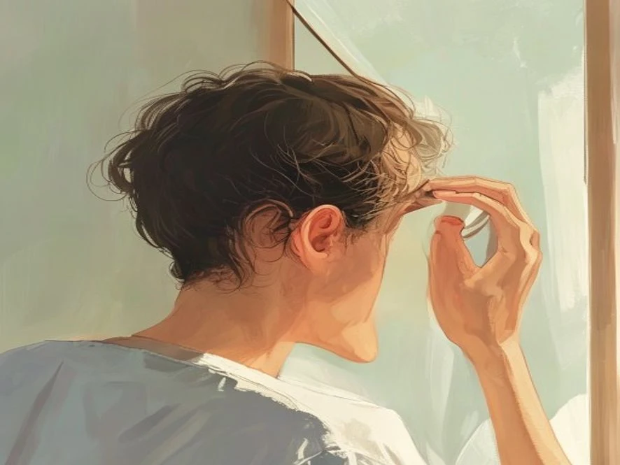 거울을 보며 머리카락 상태를 살펴보는 사람의 모습. 탈모 초기 증상 자가 진단을 하는 듯한 차분한 분위기의 일러스트.