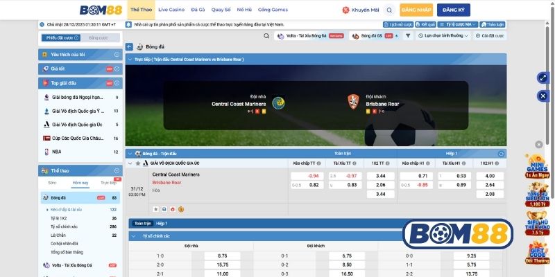 Bảng tỷ lệ kèo trận Central Coast vs Brisbane ngày 31/12/2025