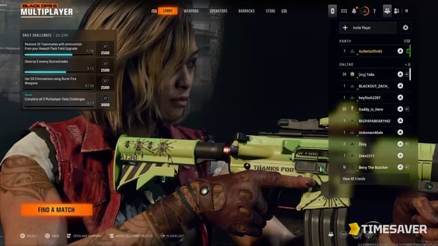 Black Ops 7 multiplayer lobby showing daily challenges and their XP rewards