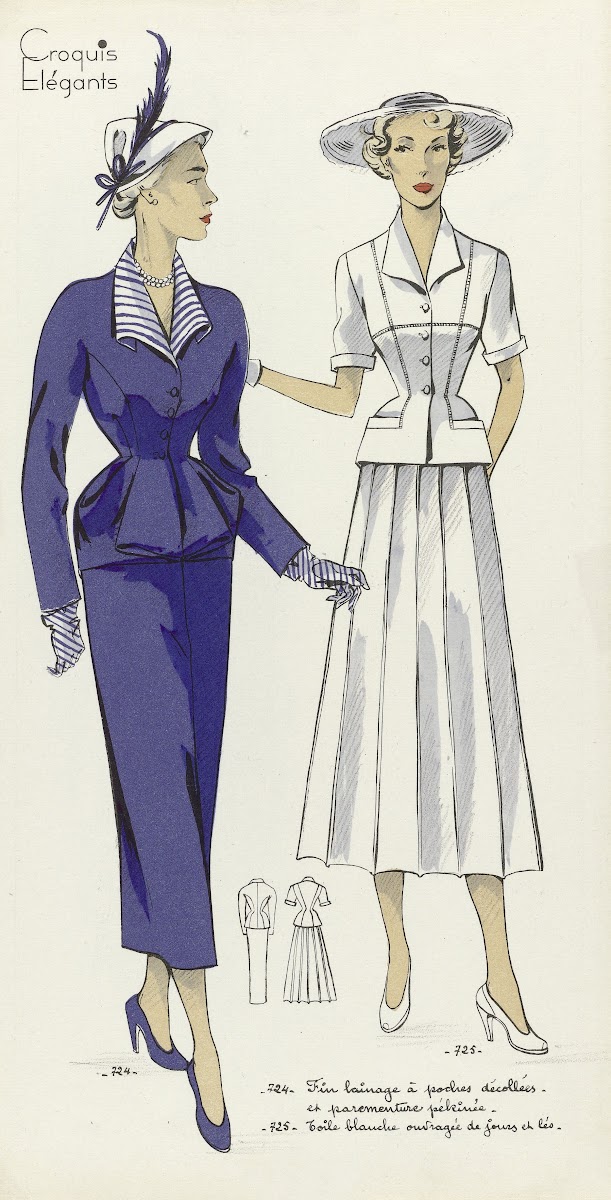 Croquis Elégants ca 1949 No 724 en No 725  Fin lainage à poches c 1949