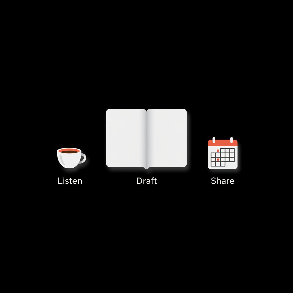 Clean vector infographic of a notebook, small coffee cup and calendar grid with minimal labels 'Listen', 'Draft', 'Share' on a full-bleed black background in Social Success Hub brand colors — Forbes subscription cost