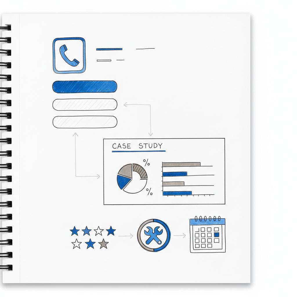 Notebook-style wireframe of a property management landing page with a prominent phone icon, short contact form, case-study charts, review stars, maintenance badge and booking calendar &mdash; advertise a property management company