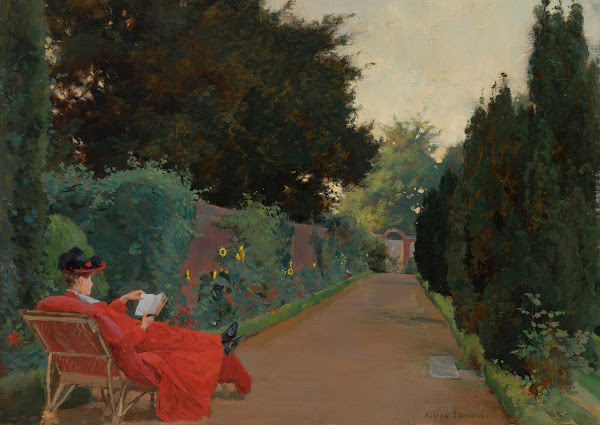 A Young Woman Reading On A Garden Path