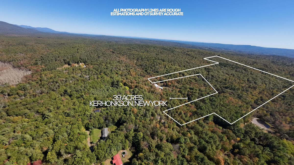 Drone aerial of 39 acre land parcel with property lines — real estate drone photography Hudson Valley