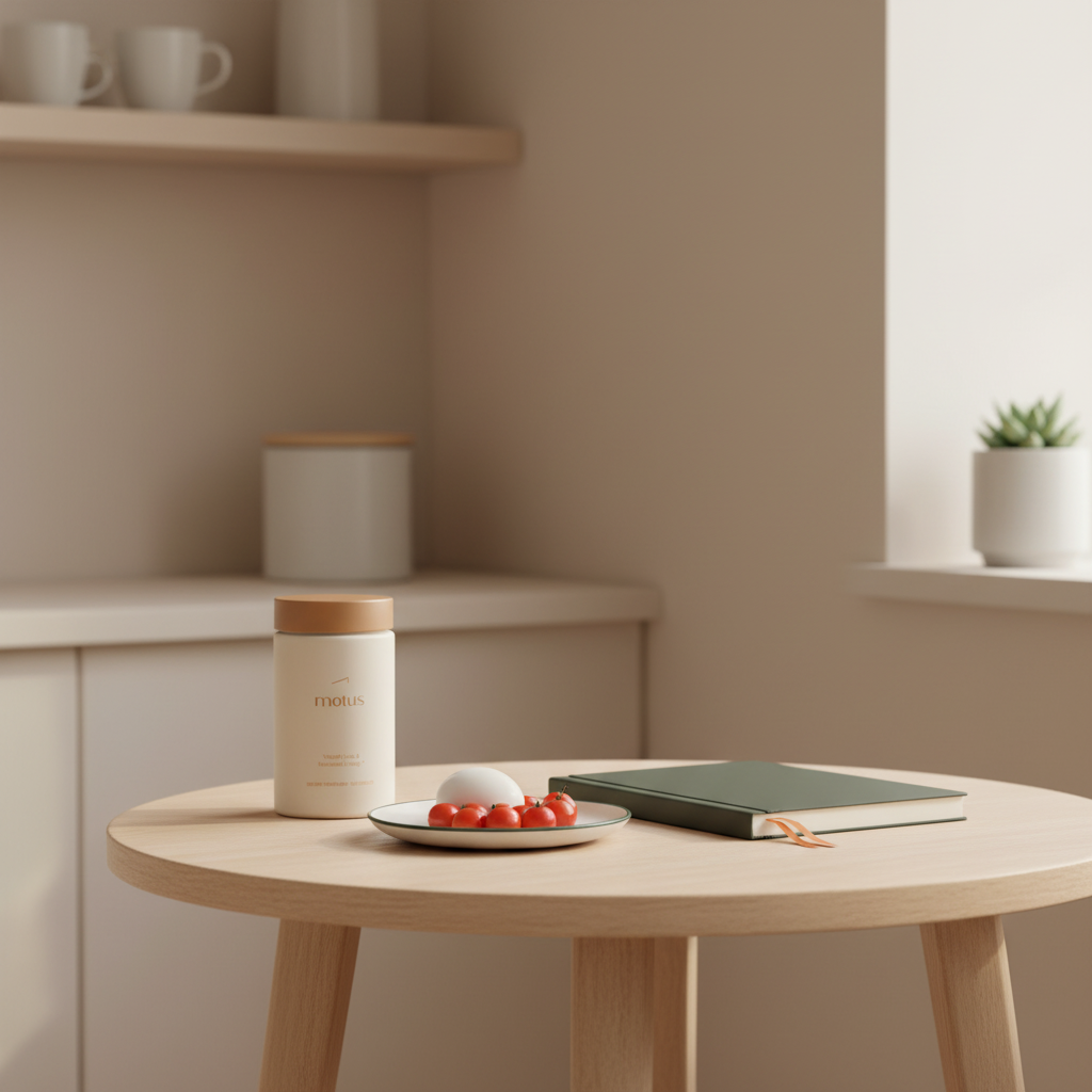 Motus supplement bottle on a round wooden table with notebook and a plate of egg and berries in a minimalist Tonum scene for fat burners for women