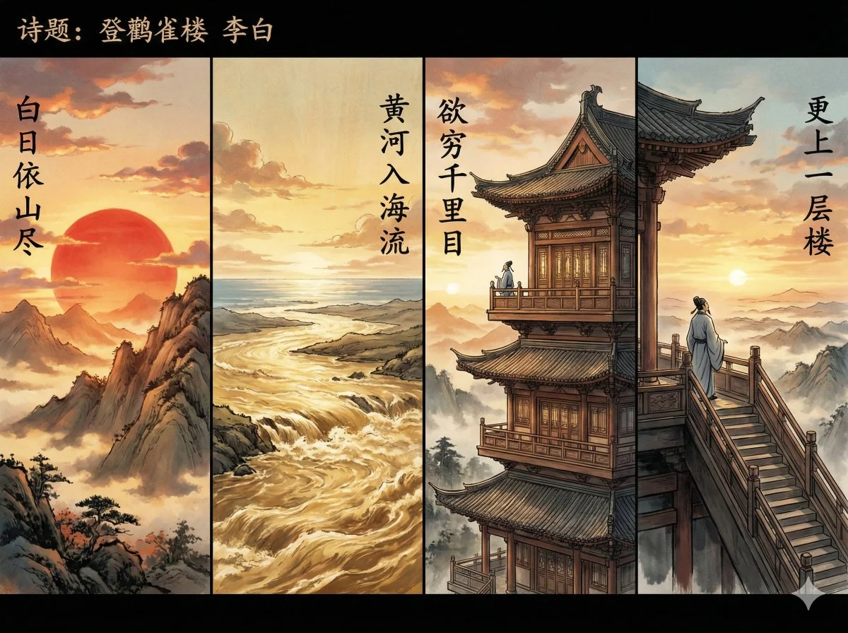 Crea una composición visual poética basada en la cuarteta 'Deng Guan Que Lou'.