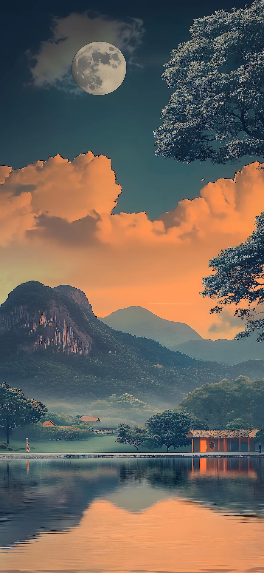 Full Moon Over Asian Mountain Lake and Orange Clouds - Free 4K mobile Wallpaper