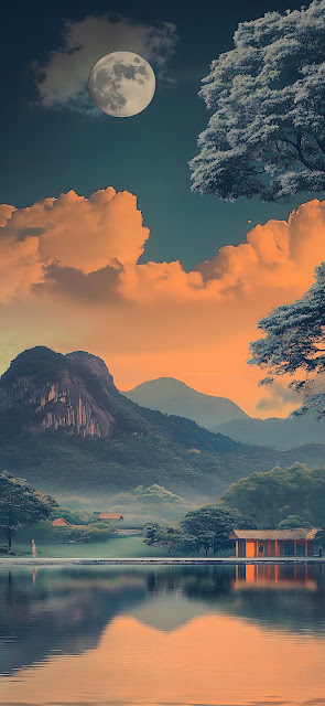 Full Moon Over Asian Mountain Lake and Orange Clouds - Free mobile Wallpaper